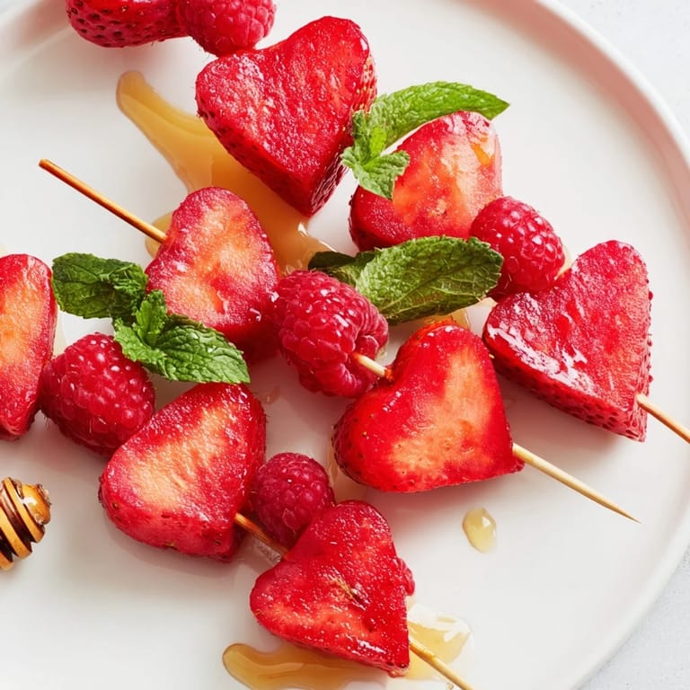 Freshly assembled Red Heart Fruit Skewers offer a healthy, colorful dessert option, perfect for sharing and enjoying.