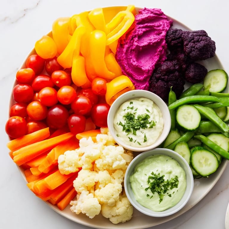 Enjoy this easy appetizer of Rainbow Vegetable Dips, showcasing a rainbow of fresh veggies with homemade dips.