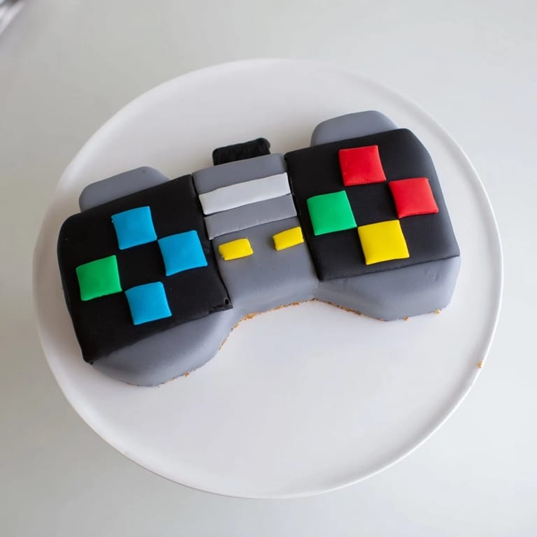 Enjoy this vanilla pixel video game controller cake; its geometric fondant details are super fun.