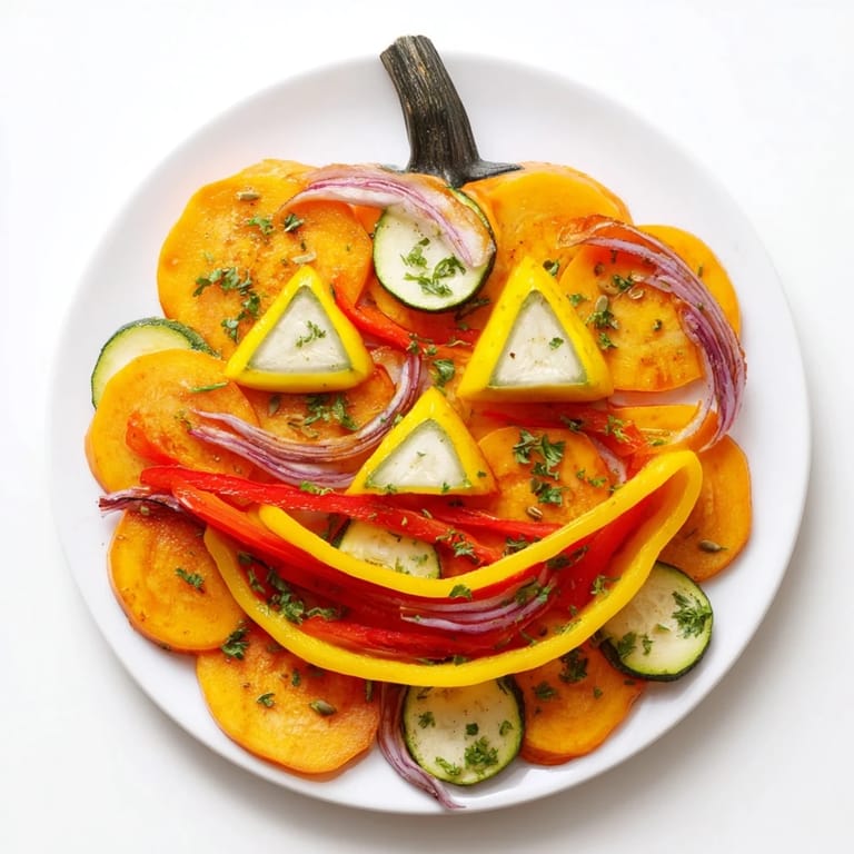 Vibrant jack-o-lantern Halloween plate features roasted pumpkins with bell peppers and zucchini.
