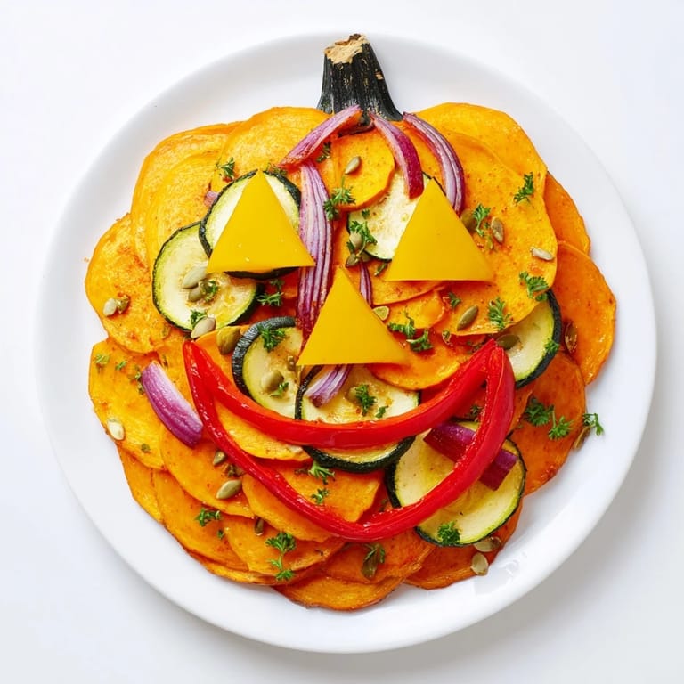 Delicious and healthy pumpkin lantern plate, a vegetarian Halloween appetizer, awaiting service.