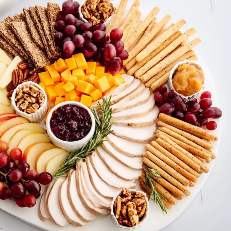 A delicious display of a Turkey Cheese and Cracker Board, showcasing diverse cheese, meats, and crackers.