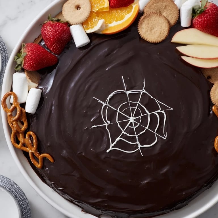 A close-up view of the Spiderweb Chocolate Ganache board artfully decorated with a spiderweb design.