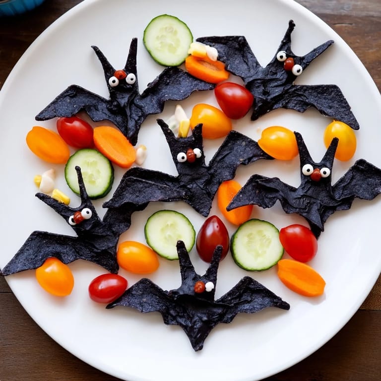 Creamy black bean dip transforms into eerie bat shapes on this Spooky Bat Bean Dip Platter with colorful veggie dippers.