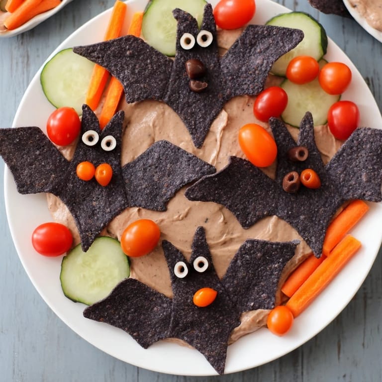 Imagine a festive Spooky Bat Bean Dip Platter: smooth black bean bats, surrounded by crunchy chips and savory garnishes.