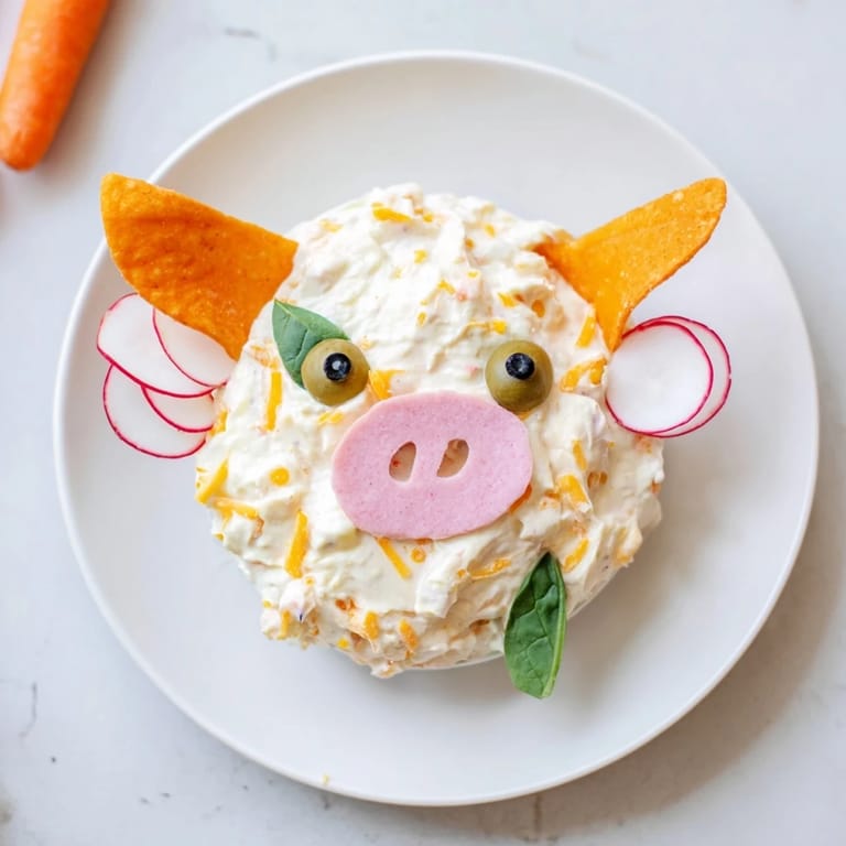 Creamy, homemade Piggy Face Dip bowl artfully decorated for kids, with crisp vegetable dippers.