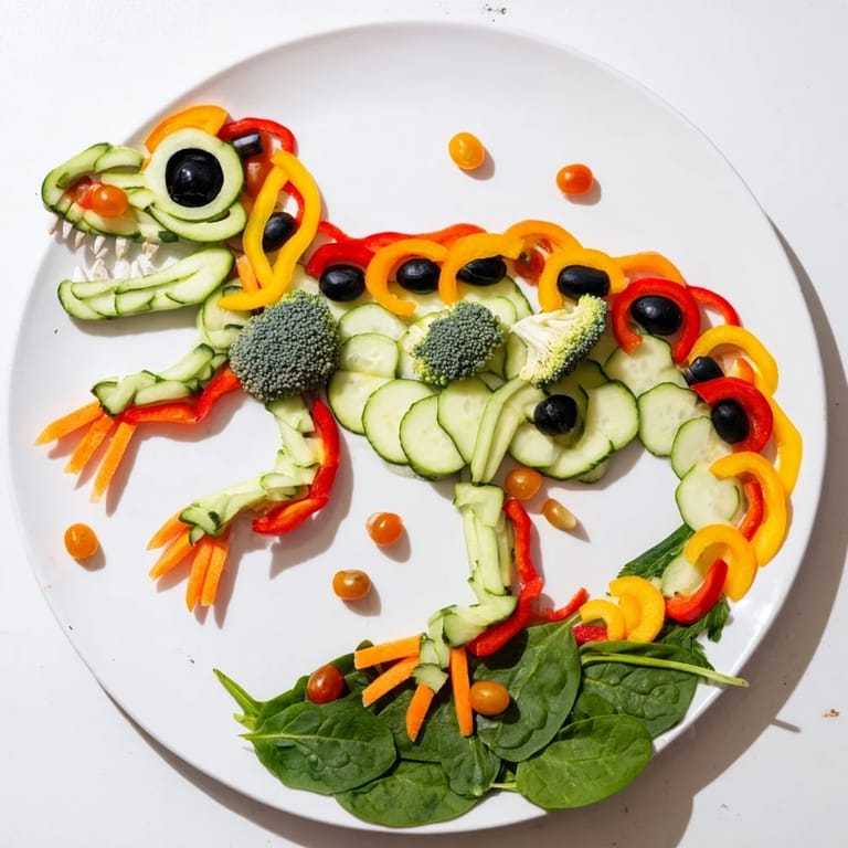 Delectable T-Rex Fossil Crudités with colorful vegetables and a cool, creamy dip for a playful appetizer.