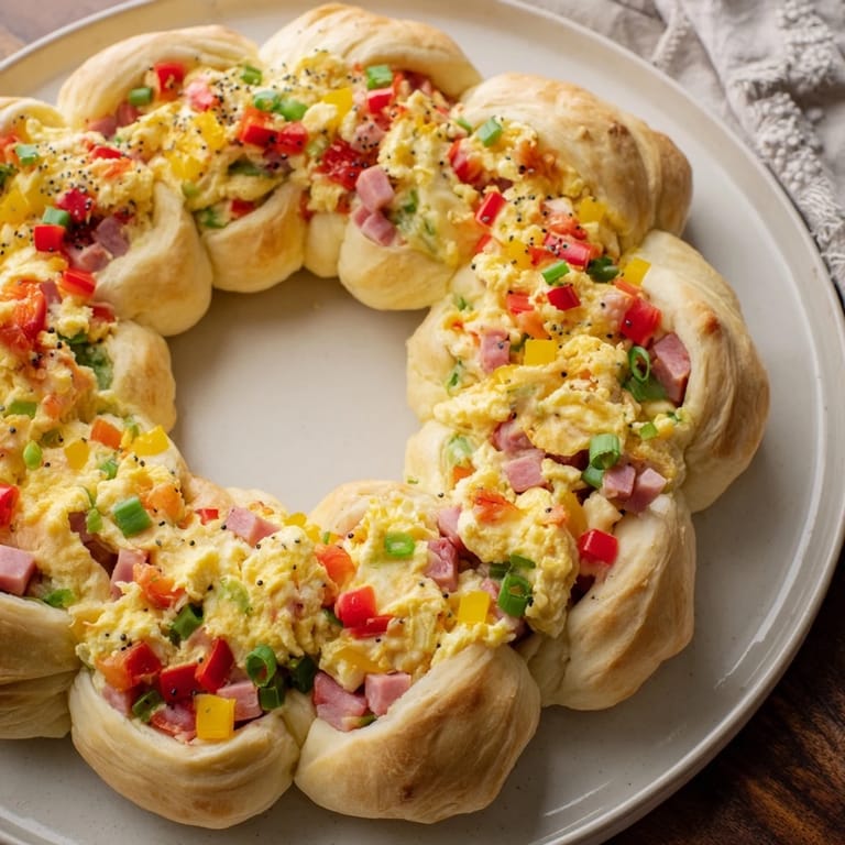Fluffy baked Wreath-Shaped Egg and Ham Bake, filled with cheddar, perfect for a special breakfast.