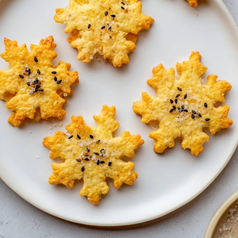 Golden-baked gourmet crackers shaped like snowflakes, ready to be enjoyed with flavorful accompaniments.