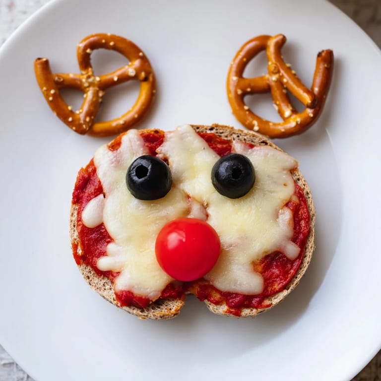Festive Reindeer Face Pizza Bagels, with cherry tomato noses, ready to serve for a fun lunch.