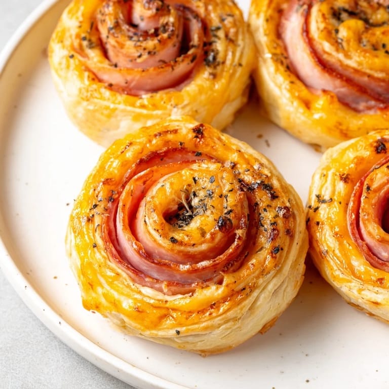 Warm Ham and Cheese Pinwheel Rolls boasting a melty cheese filling, perfect as a quick snack.