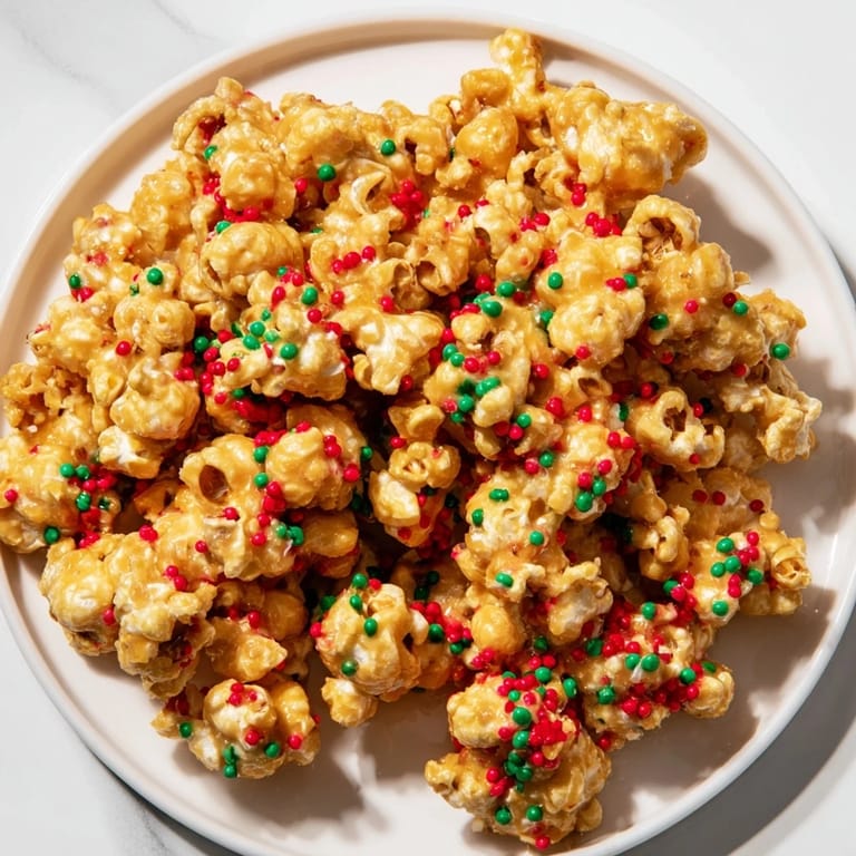 Golden-hued popcorn piles, drizzled with sweet coating and colorful sprinkles, perfect for snacking.