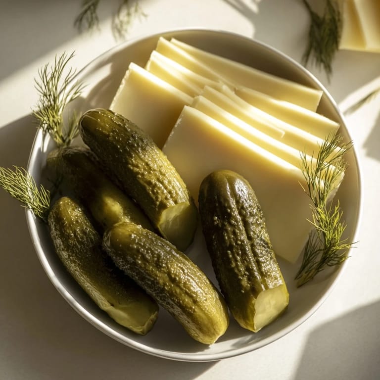 A close-up view shows fresh dill sprigs garnishing this Dill Pickles and Sliced Cheese appetizer spread.