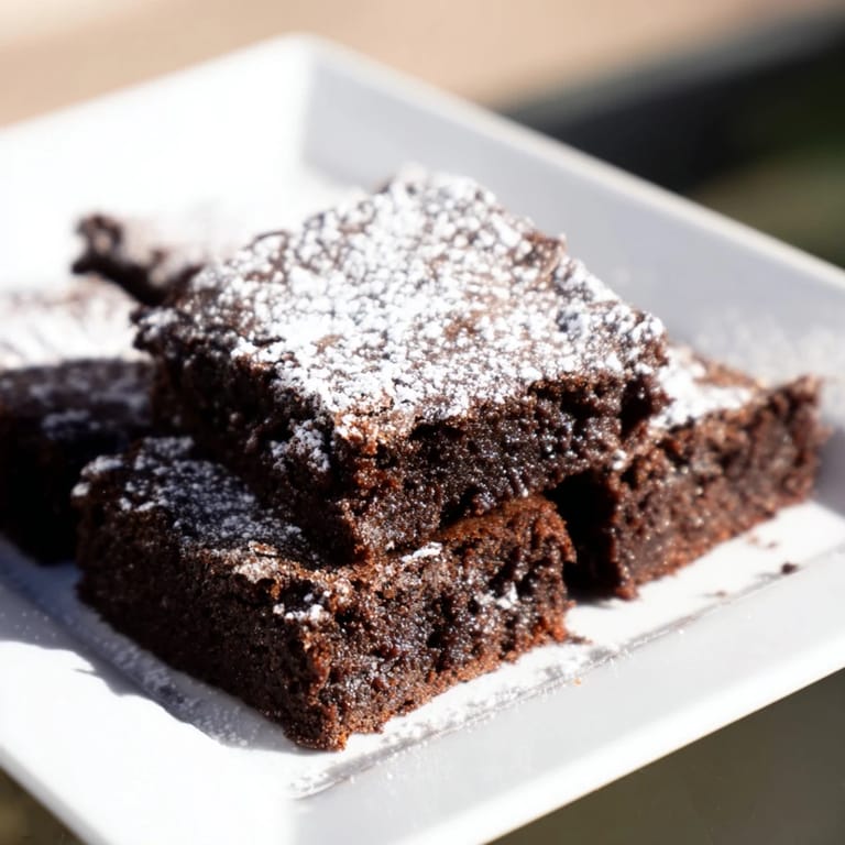 Close-up shot shows decadent brownie squares with a delicate powdered sugar dusting, ready to serve and enjoy.