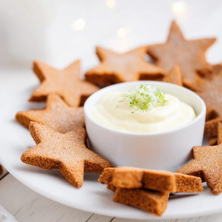 Homemade star-shaped Holiday Crackers, lightly salted, accompanied by a fresh herb dip for easy sharing on a platter.