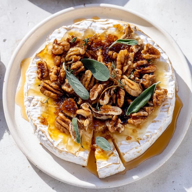 Creamy, melted Baked Brie topped with sweet fig jam, ready to be scooped up with crackers.