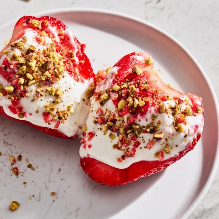 Freshly prepared yogurt-dipped strawberry halves, beautifully arranged, offering a delicious, healthy snack.