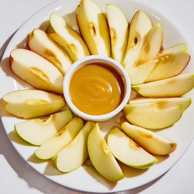 This photo shows a colorful arrangement of Apple Slices with a rich, inviting caramel dip ready to be enjoyed.