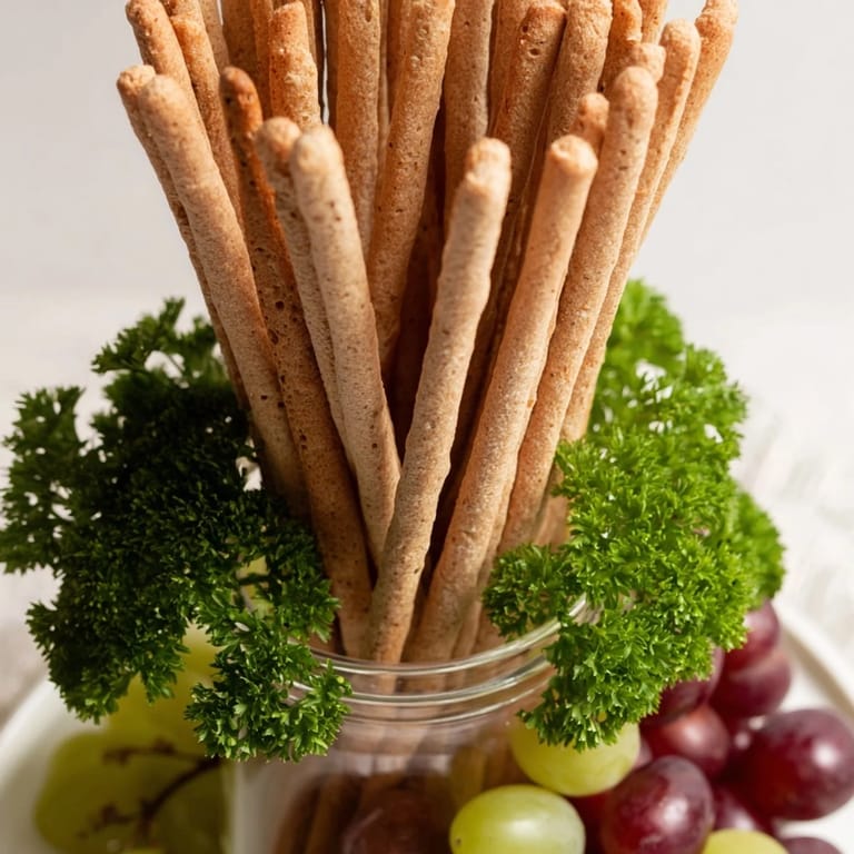 "Vertical Forest" snack featuring breadsticks surrounded by parsley and juicy grape clusters.