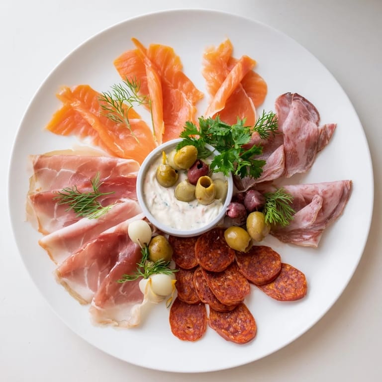 A vibrant overhead shot of The Compass Rose appetizer with cured meats perfectly framing the dip.