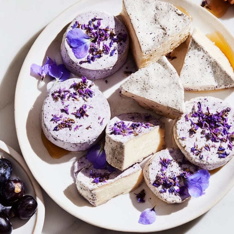 This The Lavender Haze cheese board offers a beautiful array of brie, grapes, and nuts.