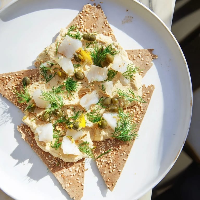 The Driftwood Beach recipe, a pescatarian delight: Hummus, fish, crackers, beach-like presentation.