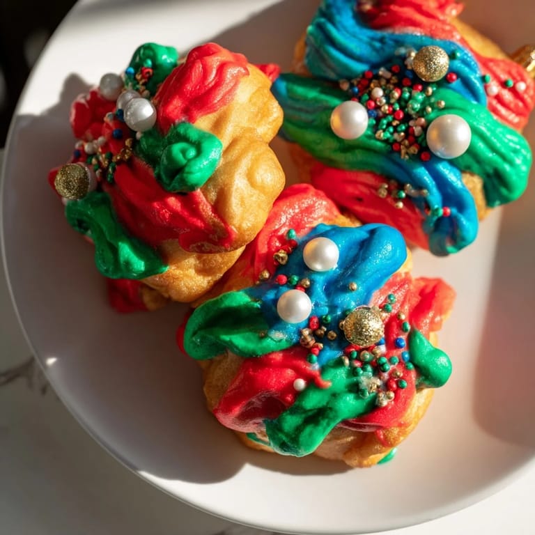 These homemade Christmas Ornament Beignets feature vibrant icing and festive edible pearl decorations, ready to enjoy.