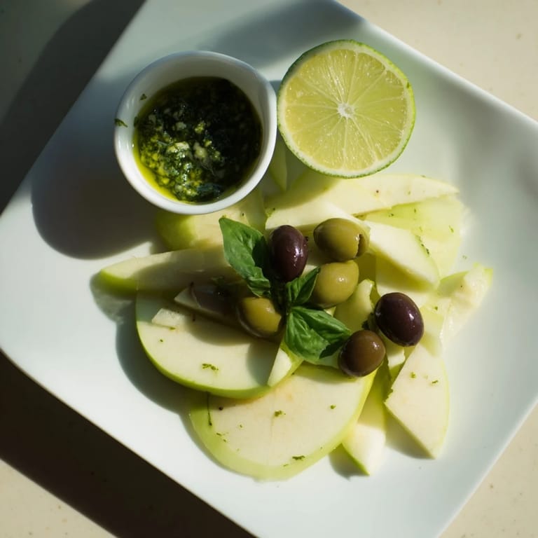Delectable Emerald City snack board, showing green olives, cut limes, and a bowl of delicious pesto.