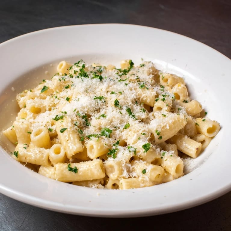 Golden-hued 15-Minute Garlic Parmesan Pasta, ready to eat, with grated Parmesan cascading over it.