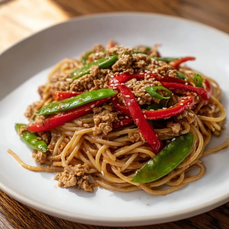 Steam rises from the sesame hoisin ground chicken pasta, a delicious stir-fry dinner with noodles.