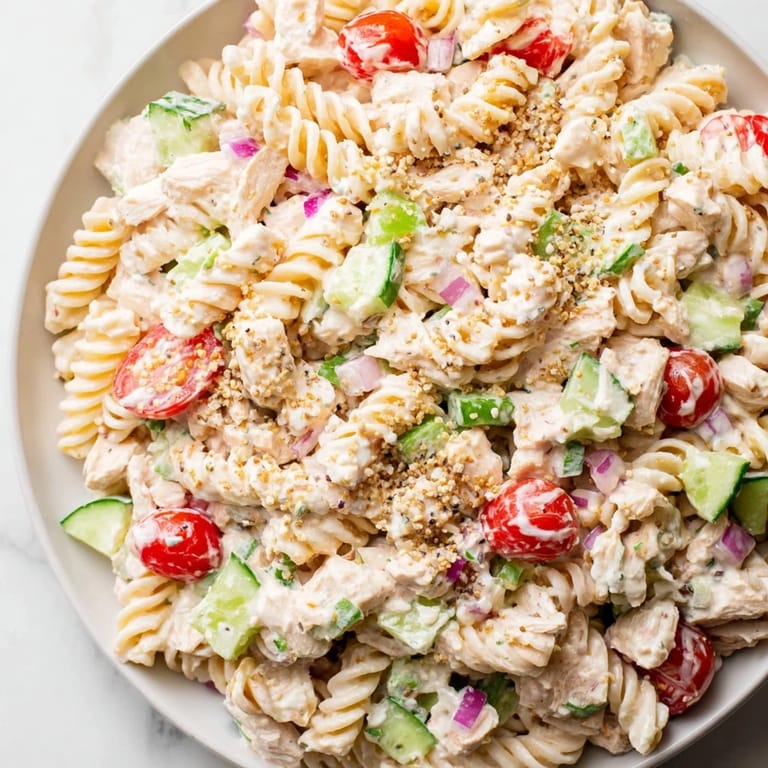 Creamy Everything Bagel Chicken Pasta Salad, featuring flavorful chicken and a beautiful medley of colors.