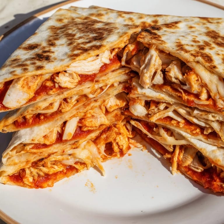 Crispy folded Tortilla Pizza Wrap showing savory shredded chicken and melted cheese, perfect for a quick lunch.