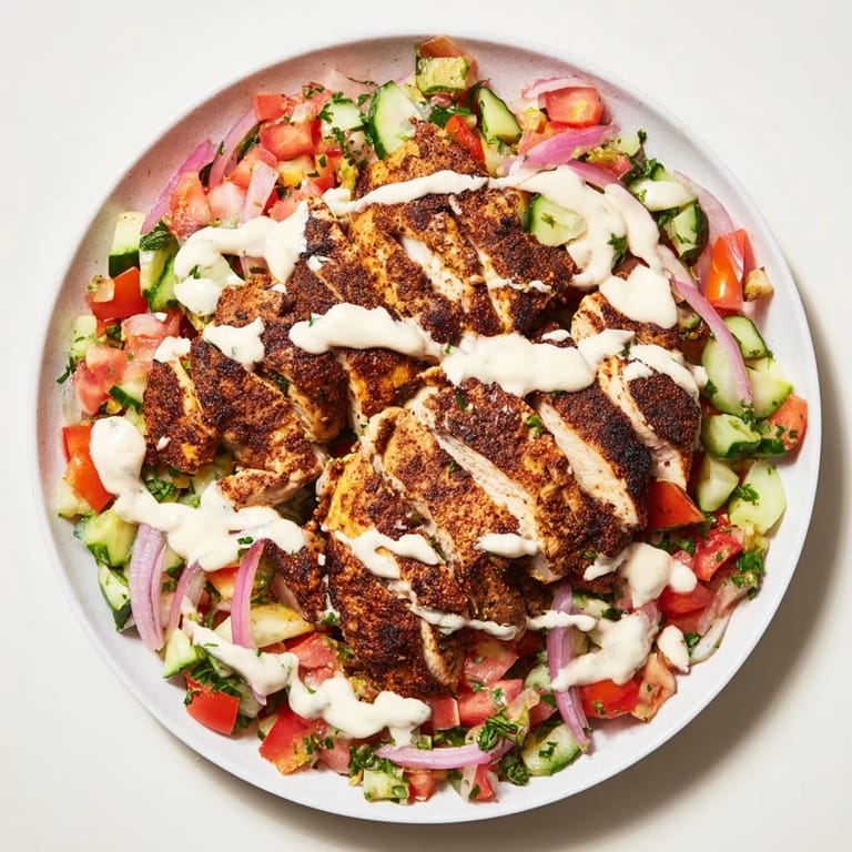 A vibrant close-up displays the delicious textures of this Chicken Shawarma Salad with fresh herbs on top.
