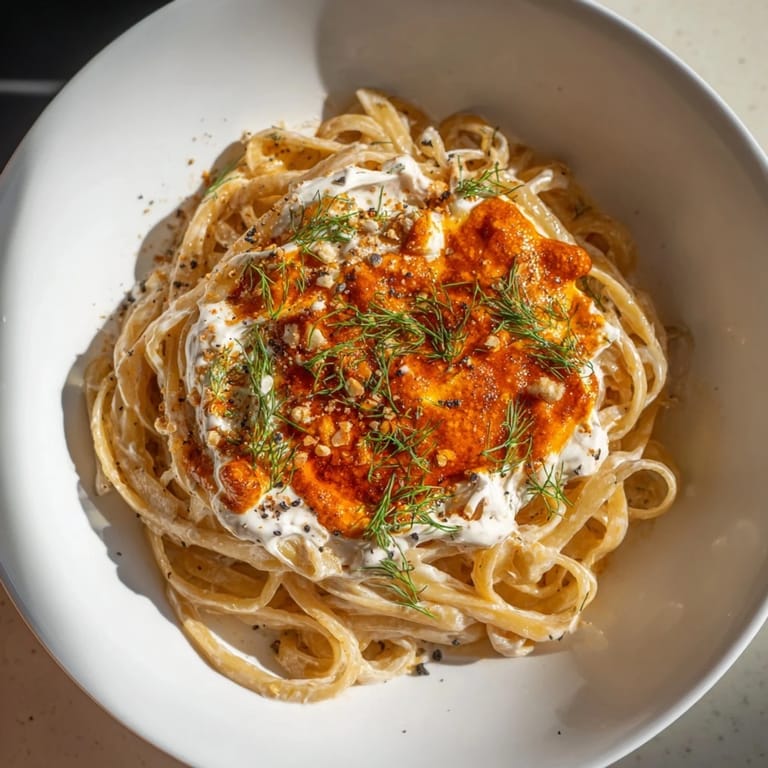 Tender pasta coated in vibrant paprika butter, a flavorful Turkish pasta dinner, garnished with herbs.