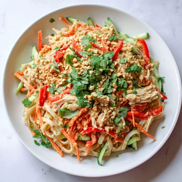 Enjoy a summery serving of Thai-Inspired Peanut Chicken Pasta, a flavorful no-cook pasta salad.