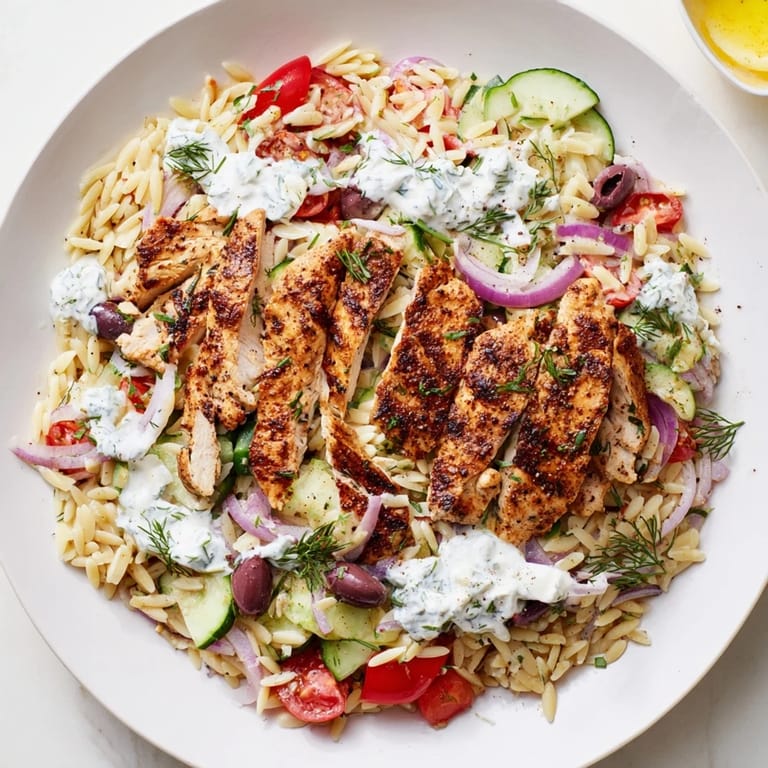 A close-up view shows a Greek Chicken Gyro Pasta Bowl, with tender chicken and herbs atop fluffy orzo.