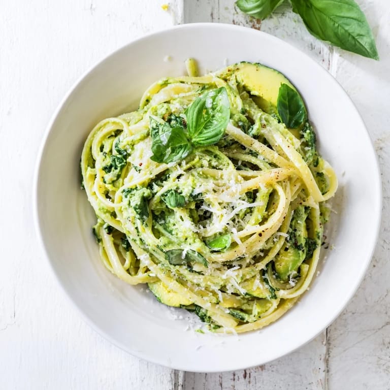 Picture this: a bowl of vibrant creamy avocado pasta with fresh basil, ready for a satisfying vegetarian dinner.