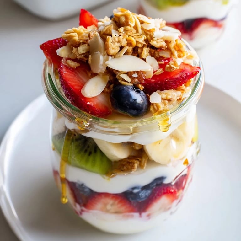 Freshly assembled Layered Yogurt Fruit Parfait with vibrant berries and creamy yogurt, perfect breakfast.