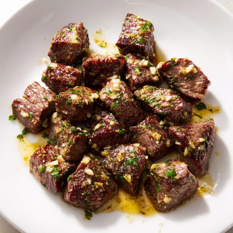 Close-up of golden brown air fryer garlic-butter steak bites, a delicious main dish option.