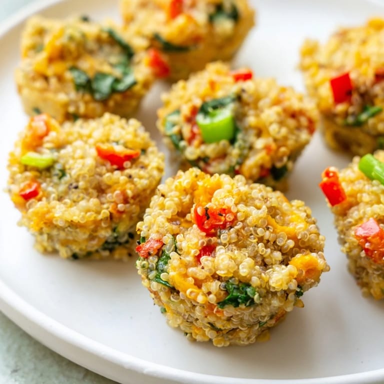 Fluffy baked cheddar quinoa bites with vibrant red pepper and herbs, perfect for a healthy and tasty meal.
