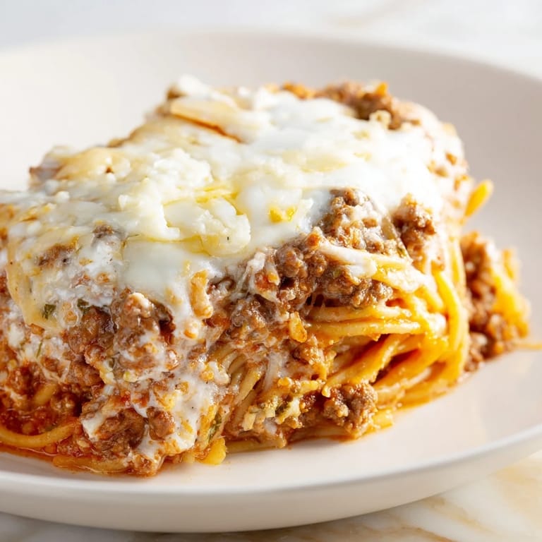 This warm, baked Million Dollar Spaghetti features layers of meat sauce, pasta, and melted cheese, perfect for family dinners.