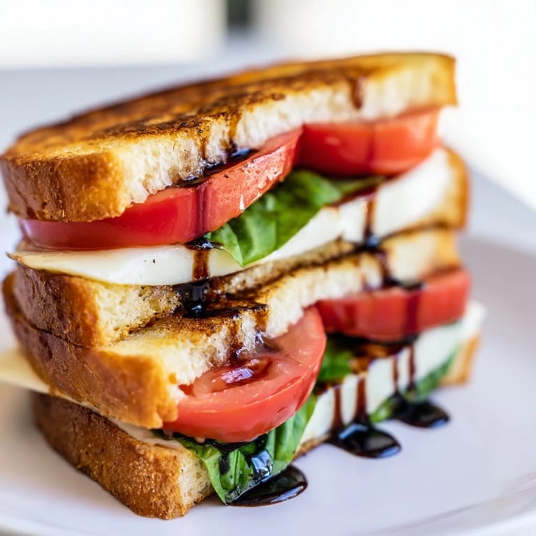 Perfectly grilled Caprese Salad Grilled Cheese, showcasing fresh basil and a drizzle of balsamic glaze.