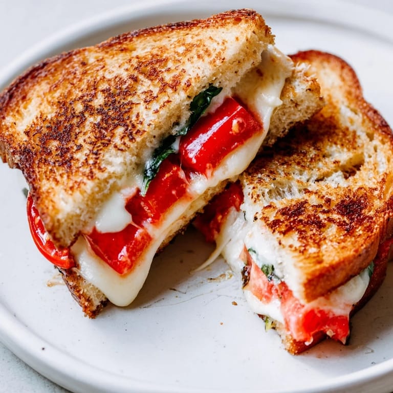 Warm, gooey Tomato Basil Grilled Cheese, showcasing fresh basil between crispy, buttery bread, served cut in half.
