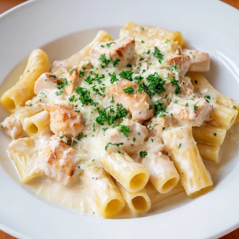 Steaming hot Chicken Alfredo Bake served on a plate, smelling of fresh parsley and Italian herbs.