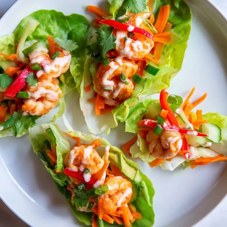 Fresh, colorful shrimp lettuce cups ready to eat, showcasing juicy shrimp nestled in crisp lettuce leaves.