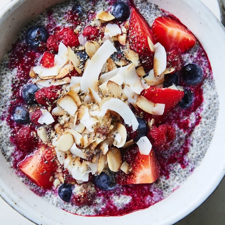 A layered breakfast of Berry Chia Pudding with fresh berries and coconut flakes, so refreshing.
