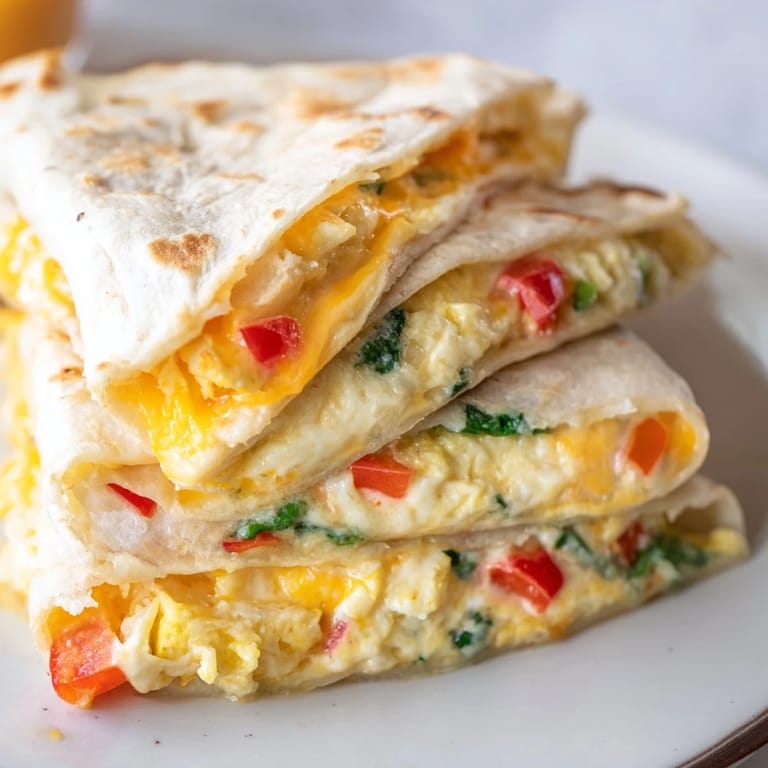 A close-up of a crispy, folded Breakfast Quesadilla featuring melted cheese and scrambled eggs.