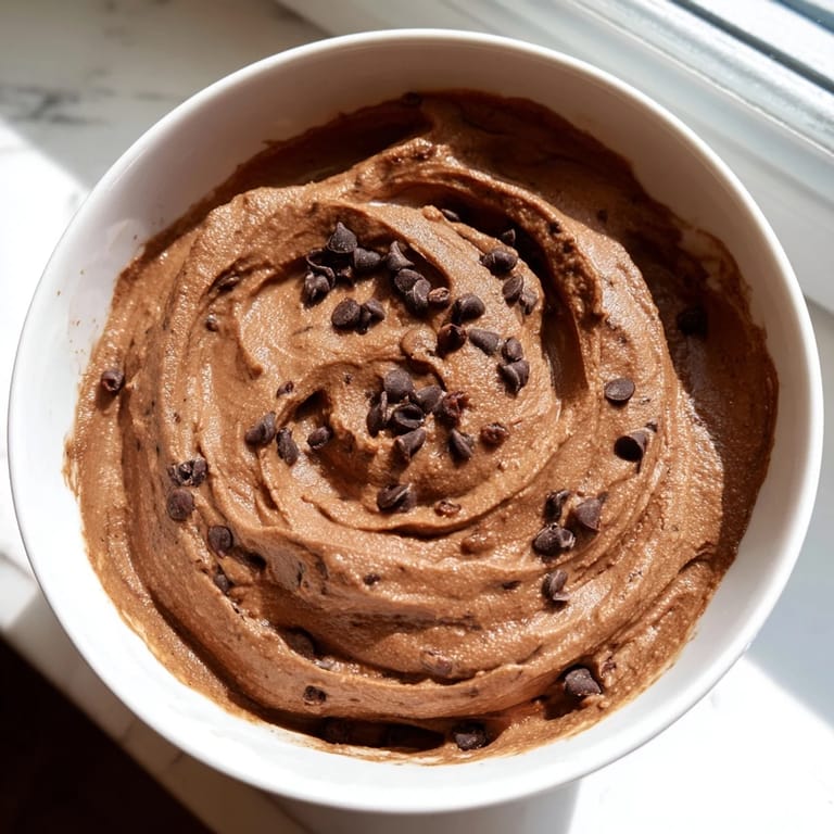 Rich, dark chocolate hummus swirled in a serving bowl, perfect with fresh strawberries for dipping.