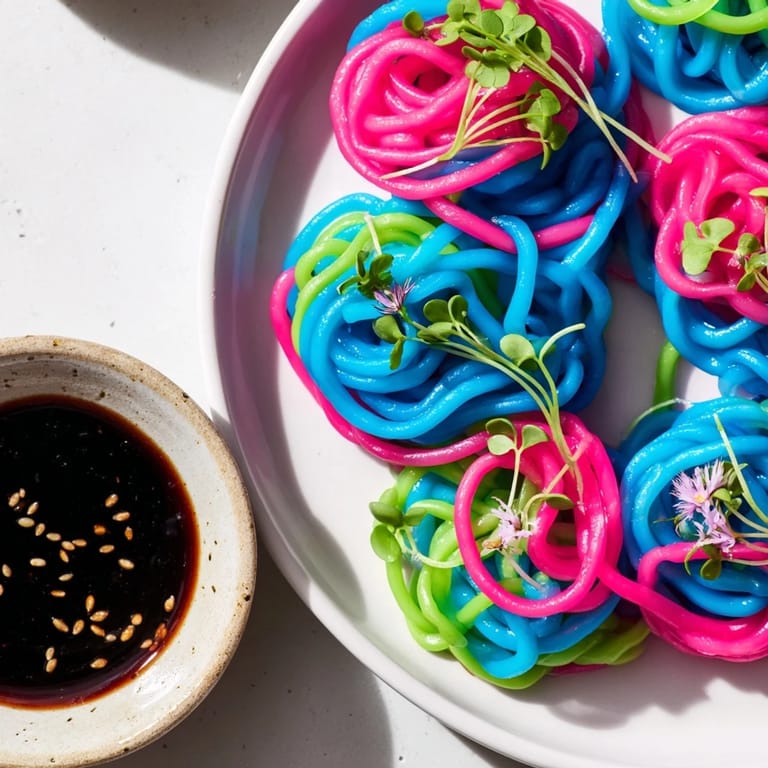 Chilled neon noodle clouds, featuring bright agar-agar, perfect for a fun, gluten-free dish.