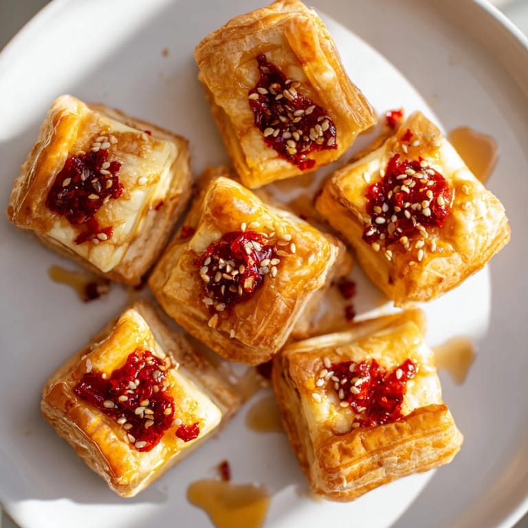 Melted Brie and chili crisp atop flaky puff pastry create irresistible Chili Crisp Honey Brie Bites, ideal appetizers.